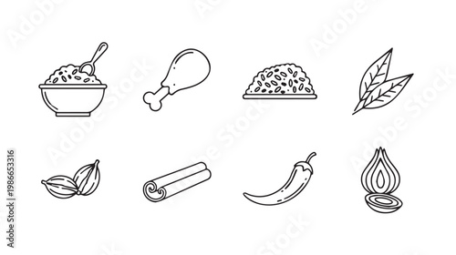Meal Ingredients Icons: Rice Chicken Spices Vegetables Herbs for Cooking Vector Graphics