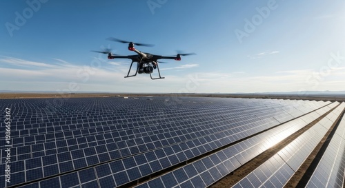 Aerial Drone Over Solar Panel Field in Warm Sunny Day