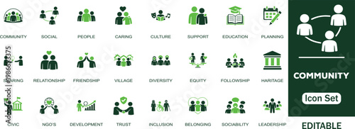 Community editable solid icon set. Containing people, support, planning, love, friendship, social, diversity, village, relationships, community, education and more vector icons collection.