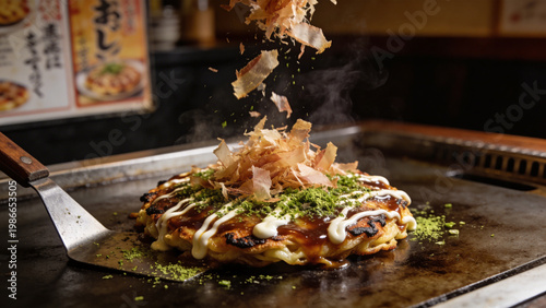 Obraz na płótnie ソースの艶が食欲を誘う焼きたてお好み焼きの料理写真