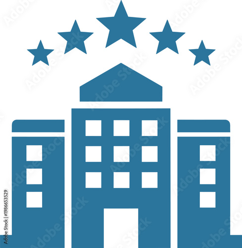 Hotel icon with five star rating symbolizing luxury accommodation and high quality hospitality service for travel booking.