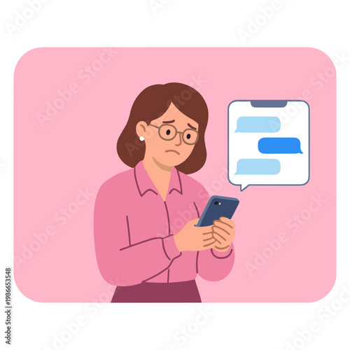 Woman looks concerned while reading messages on her phone indoors