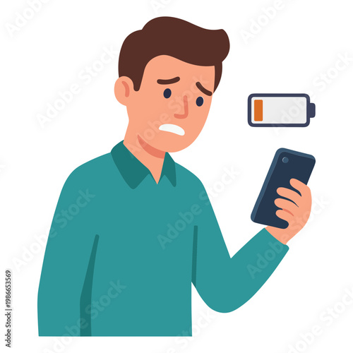 A frustrated man checks his low-battery phone with concern indoors.