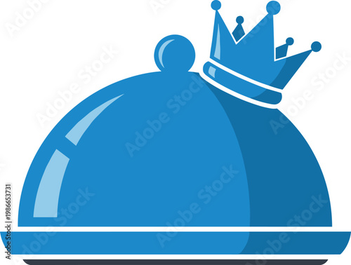 Luxury catering service icon with blue restaurant cloche platter and royal crown for premium dining and gourmet hospitality.