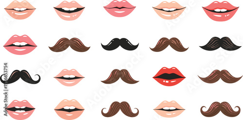 Set of Female Lips and Male Mustache Icons Featuring Various Mouth Expressions and Facial Hair Styles for Beauty Salon and Barber Shop Designs