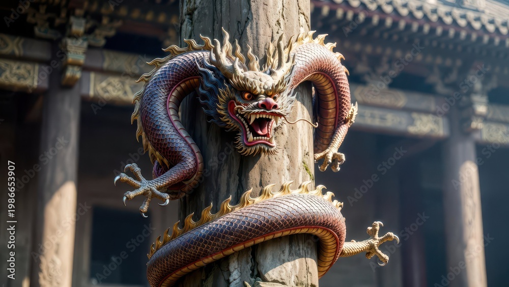 Fototapeta premium Intricate Dragon Sculpture on a Column in Traditional Architecture