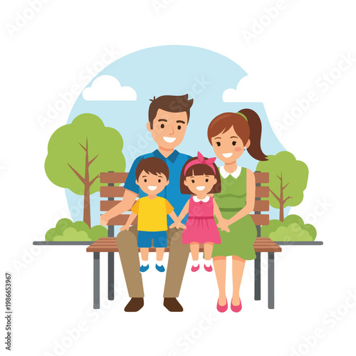 A cartoon family of four sitting on a bench