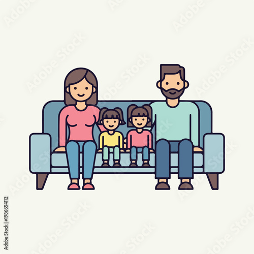 A cartoon family of four sitting on a couch