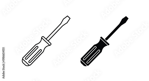 Professional flathead screwdriver vector graphic design elements featuring both solid black silhouette and simple thin outline styles
