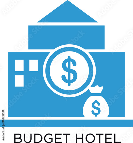 Budget hotel building with dollar sign and money bag for low cost accommodation and affordable lodging.
