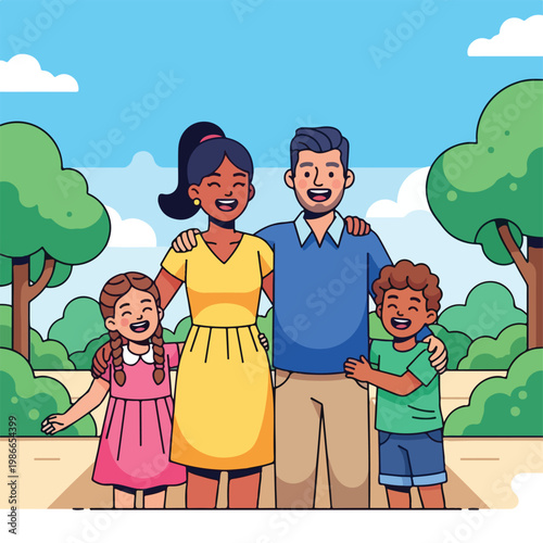 A cartoon family of four smiling together outdoors