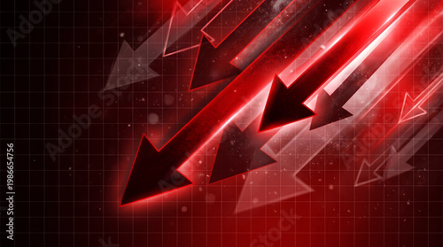 Stock market crash arrows falling down in red neon digital style for financial crisis business presentation background.