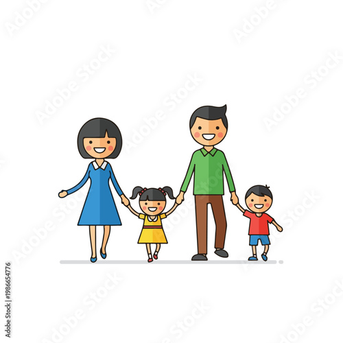 A cartoon family of four walking together