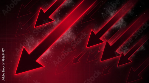 Stock market crash arrows pointing down in red neon digital style for economic crisis business presentation background.