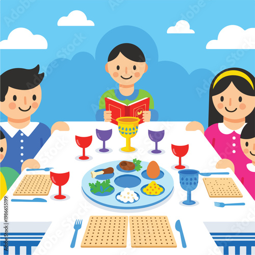 A cartoon family sitting around a table with a Seder plate