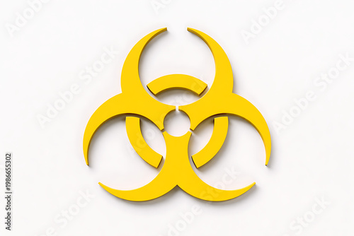 A bright yellow biohazard symbol displayed prominently on a plain white background, representing danger and warning