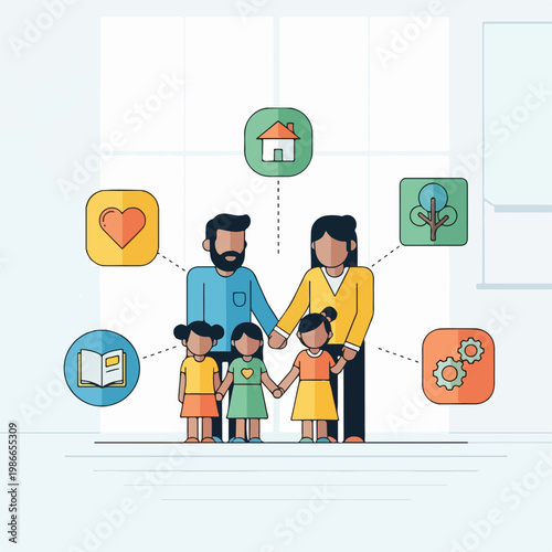 A cartoon family with icons representing love, home, education