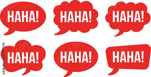 Comic speech bubble set, pop art style red haha laughter balloons with funny chat icons for messaging humor stickers and creative design use.