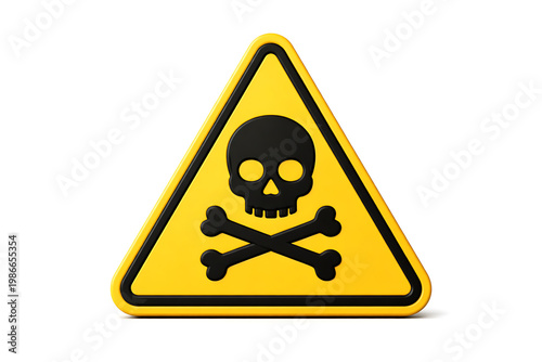 Prominent yellow triangular warning sign with a bold black skull and crossbones symbol, universally recognized for indicating danger, poison, or hazardous substances, isolated on white