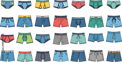Set of Men Underwear Icons Featuring Briefs and Boxer Shorts in Various Colors and Patterns for Male Apparel Fashion and Clothing Retail Design Projects