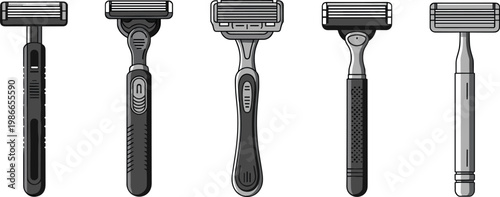 Set of Modern Shaving Razor Icons Featuring Manual Blade Handles for Men's Grooming Personal Care Hygiene Products and Barber Shop Design Elements