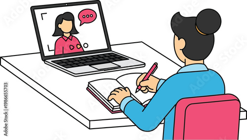 Online learning, woman studying remotely via video call, taking notes