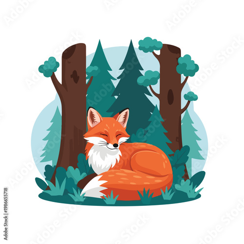 A cartoon fox rests between two trees in a forest