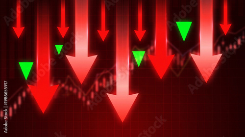 Stock market crash arrows falling down on financial chart with neon red and green symbols for crisis background.
