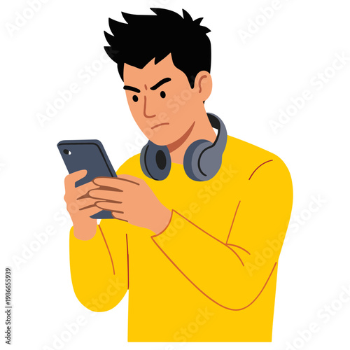 Man looks concerned while listening to music and using phone