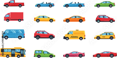 Set of Modern Vehicle Icons Featuring Passenger Cars Taxi Cabs Delivery Trucks Public Bus and Sporty Sedans for Urban Transportation Logistics and Automotive Industry Designs