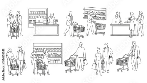 Top View Retail Shopping Journey Vector Set, CAD Outline Style Supermarket Human Activity System, Customer Movement Workflow Illustration, Isolated White Background