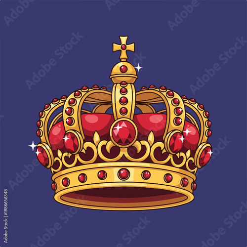 Ornate gold crown with red jewels on dark blue