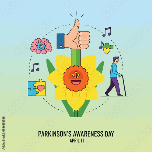 A cartoon graphic for Parkinson's Day with a flower, hand, and a man
