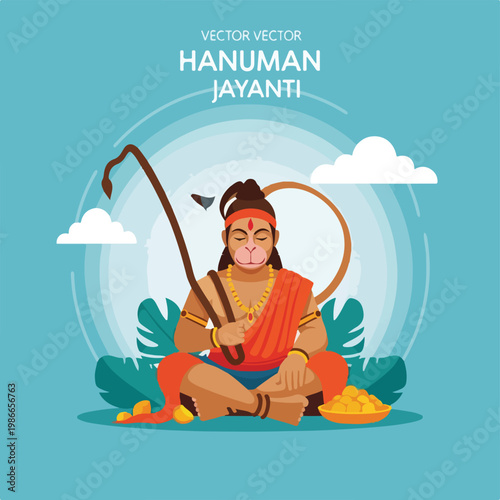 A cartoon Hanuman sits cross-legged
