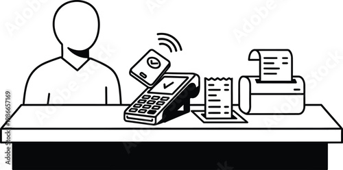 Contactless Payment Transaction: Person using phone for NFC payment at terminal with receipt printer.
