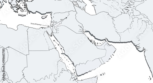 Detailed vector illustration of the Middle East map highlighting the Strait of Hormuz, showcasing potential military escalation scenarios in a business context, rendered with a clean