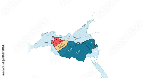 A vector illustration depicts US military escalation around the Strait of Hormuz, highlighting potential blockade areas on a map of Arab countries with a clean, minimalist design