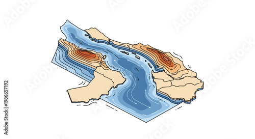 Detailed vector illustration showing a US military escalation map design focusing on the Strait of Hormuz and surrounding Arab countries, depicted with earthy tones against a clean white