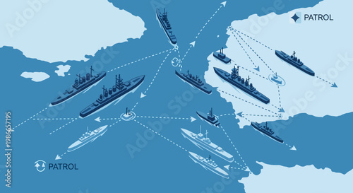 Detailed vector design illustrating US military escalation with a blockade in the Strait of Hormuz and surrounding Arab countries, depicted with clean lines and a cool blue color palette