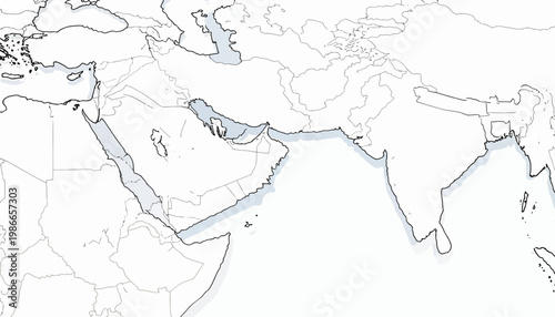 Vector illustration of the Strait of Hormuz on a map of Arab countries, depicting potential US military escalation with simple icon designs and a clean, minimalist background