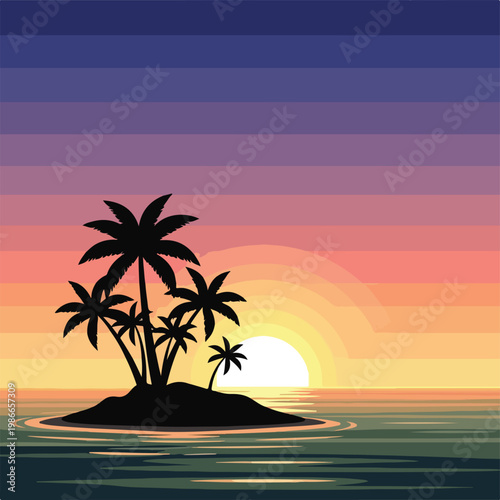 A serene island with palm trees at sunset