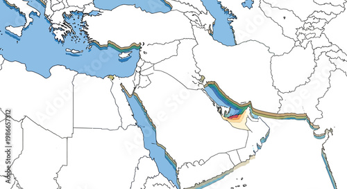 Illustrated vector map depicting military escalation in the Strait of Hormuz and Arab countries, showcasing a potential blockade and US military presence against a clean white background