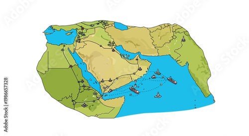 Illustrated vector map depicting potential military escalation in the Strait of Hormuz and surrounding Arab countries, showcasing strategic points and ship icons against a clean white