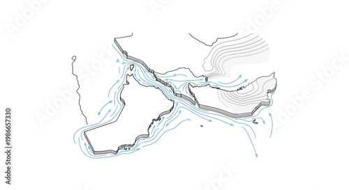 Detailed vector illustration depicting a US military escalation map focused on the Strait of Hormuz and surrounding Arab countries, rendered in a clean, minimalist design against a stark