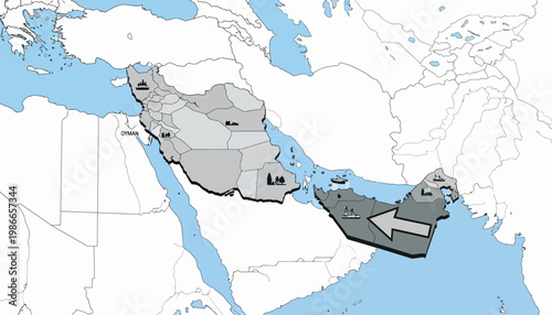Vector illustration depicting a map of the Strait of Hormuz and surrounding Arab countries, highlighting potential US military escalation with character icons against a clean white