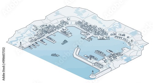 Vector illustration showing a stylized map design of the Strait of Hormuz, an escalation point with potential for a US military blockade, presented against a clean white background