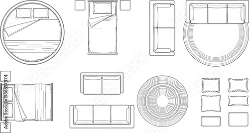 Furniture top view set, bed sofa rug pillow collection, line vector illustration interior design pack