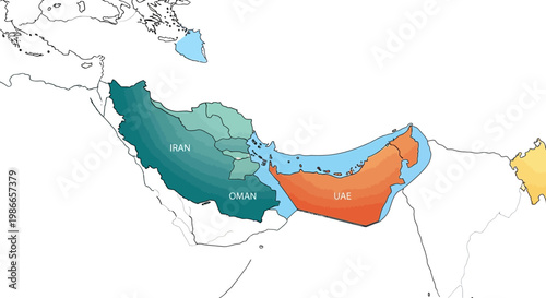 An illustrated vector map depicting potential military escalation scenarios in the Strait of Hormuz and surrounding Arab countries, designed as a simple icon against a plain background