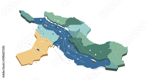 A vector illustration depicts a stylized map of the Strait of Hormuz, highlighting potential military escalation with simple, flat design elements and a cool color palette, set