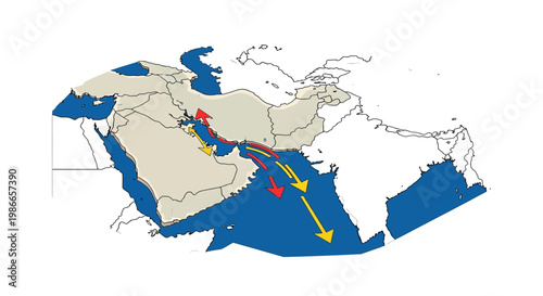 Conceptual vector illustration showing a US military escalation scenario with arrows indicating a blockade near the Strait of Hormuz on a map of Arab countries, set against a plain white